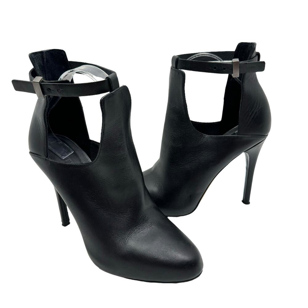 VINCE Sonia Black Leather Cut Out Ankle Strap Booties Stiletto Ankle Boots